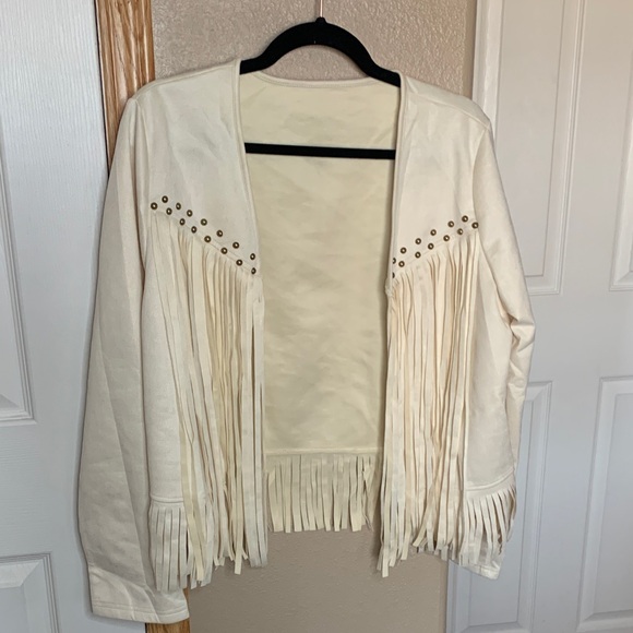 WESTERN Cream Fringe Faux Suede Long Sleeve Open Front Studded Jacket - Picture 5 of 6